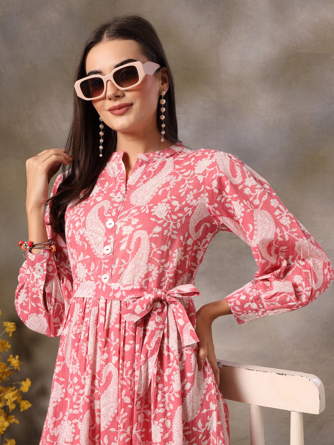 Pink Paisley Printed Cotton Tiered Dress