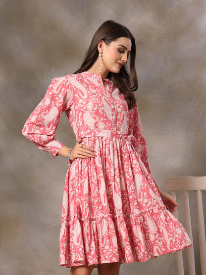 Pink Paisley Printed Cotton Tiered Dress
