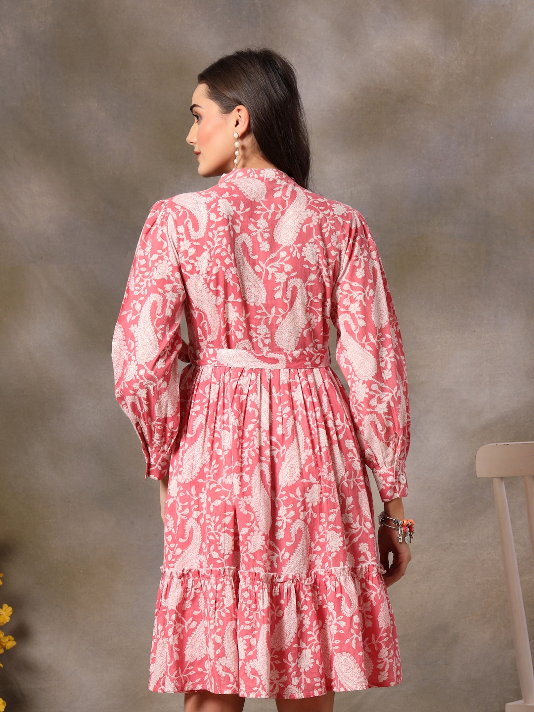 Pink Paisley Printed Cotton Tiered Dress