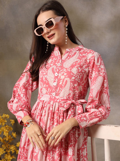 Pink Paisley Printed Cotton Tiered Dress