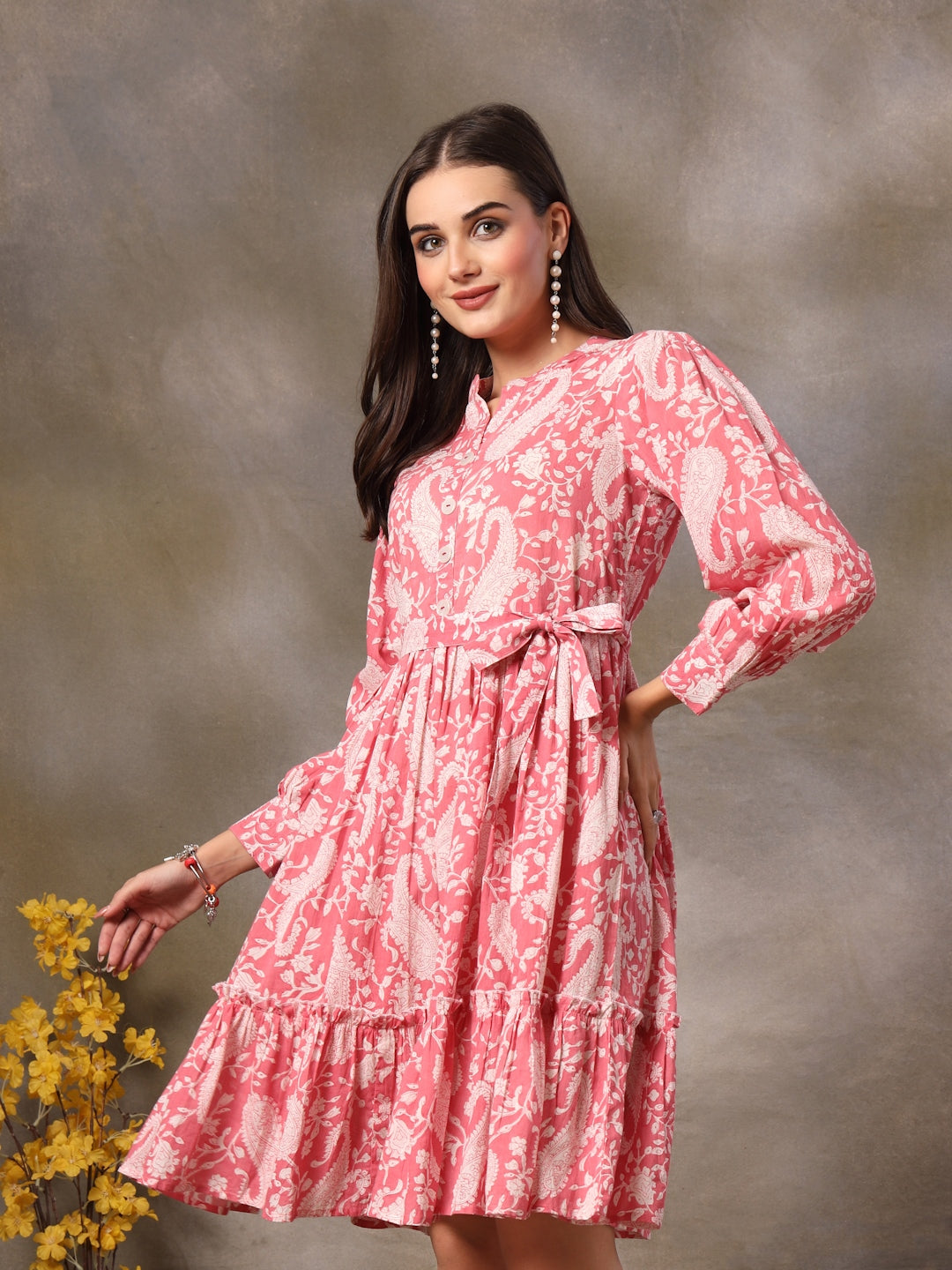 Pink Paisley Printed Cotton Tiered Dress