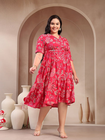 Plus Size Pink Tropical Printed Rayon Tiered Dress