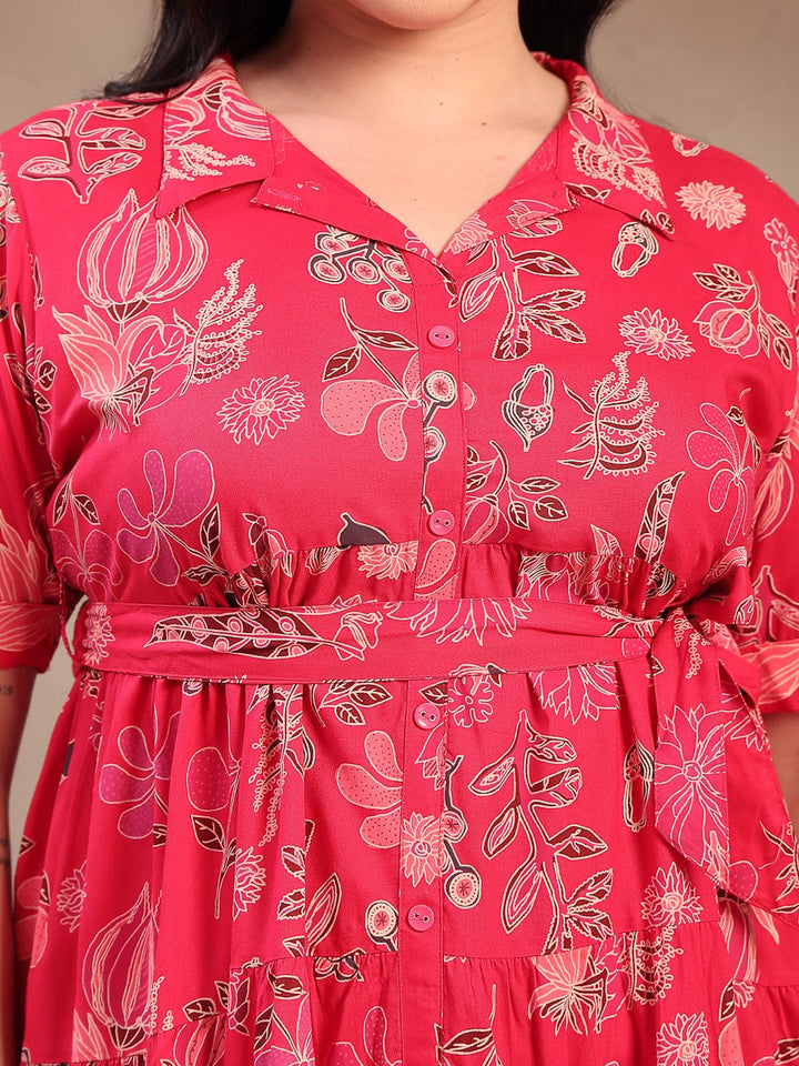 Plus Size Pink Tropical Printed Rayon Tiered Dress
