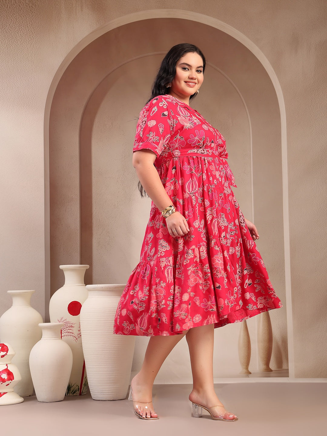 Plus Size Pink Tropical Printed Rayon Tiered Dress