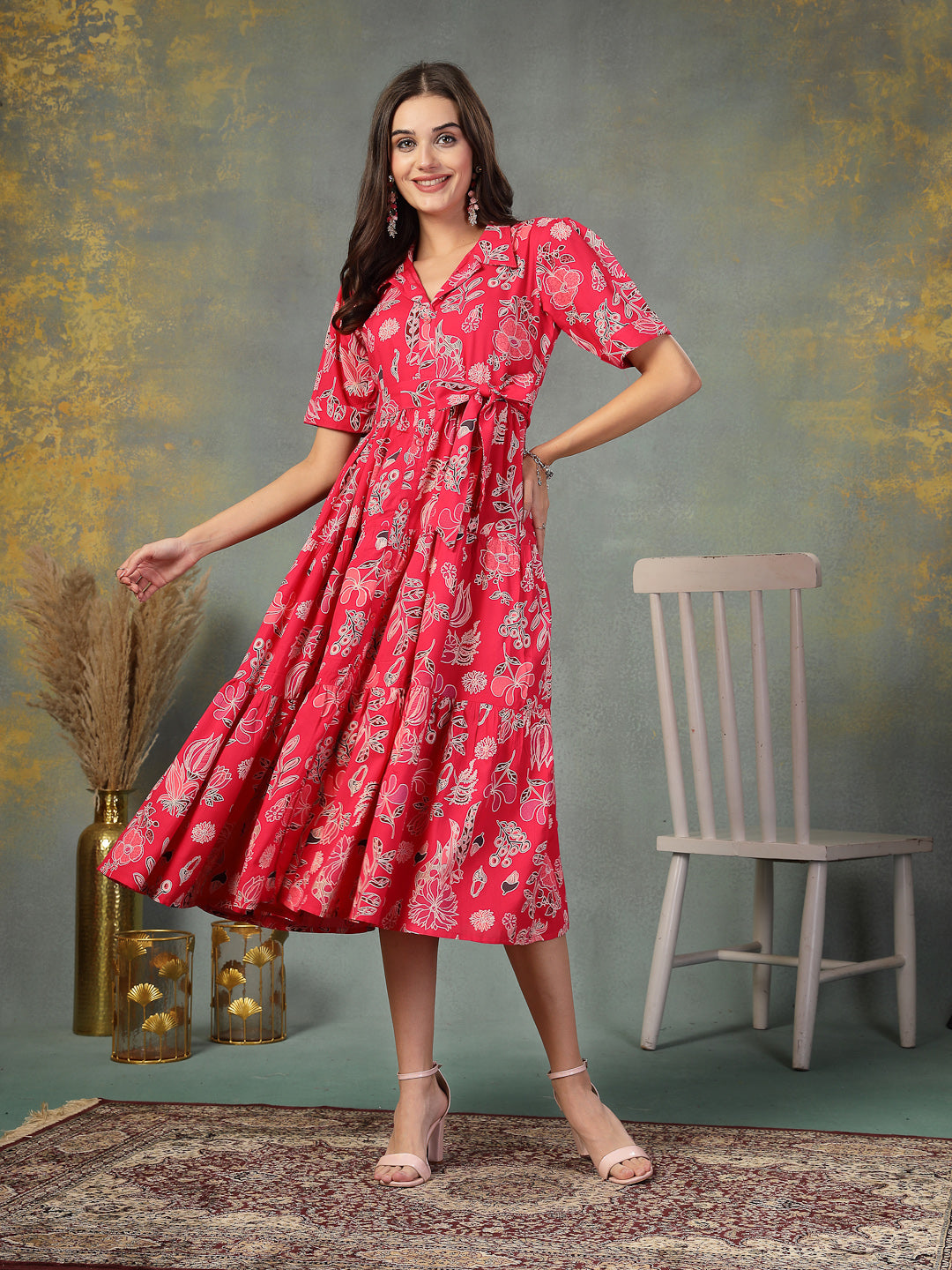 Pink Tropical Printed Rayon Tiered Dress (Pre-Order)