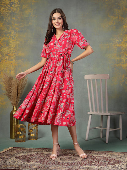 Pink Tropical Printed Rayon Tiered Dress (Pre-Order)