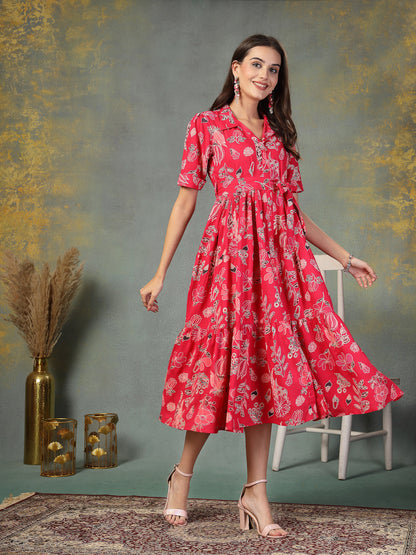 Pink Tropical Printed Rayon Tiered Dress (Pre-Order)