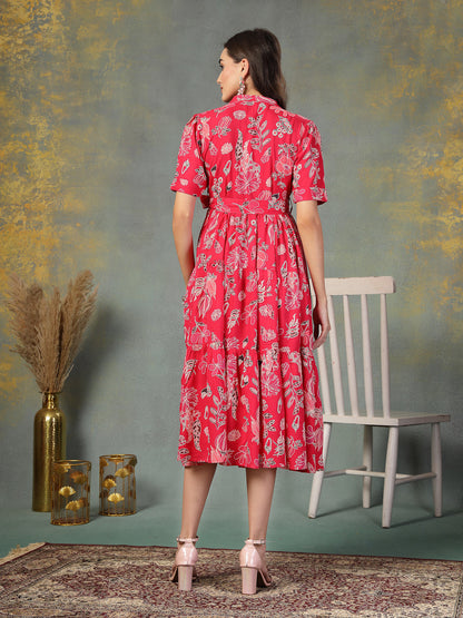 Pink Tropical Printed Rayon Tiered Dress (Pre-Order)