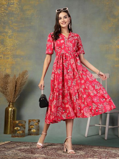Pink Tropical Printed Rayon Tiered Dress (Pre-Order)