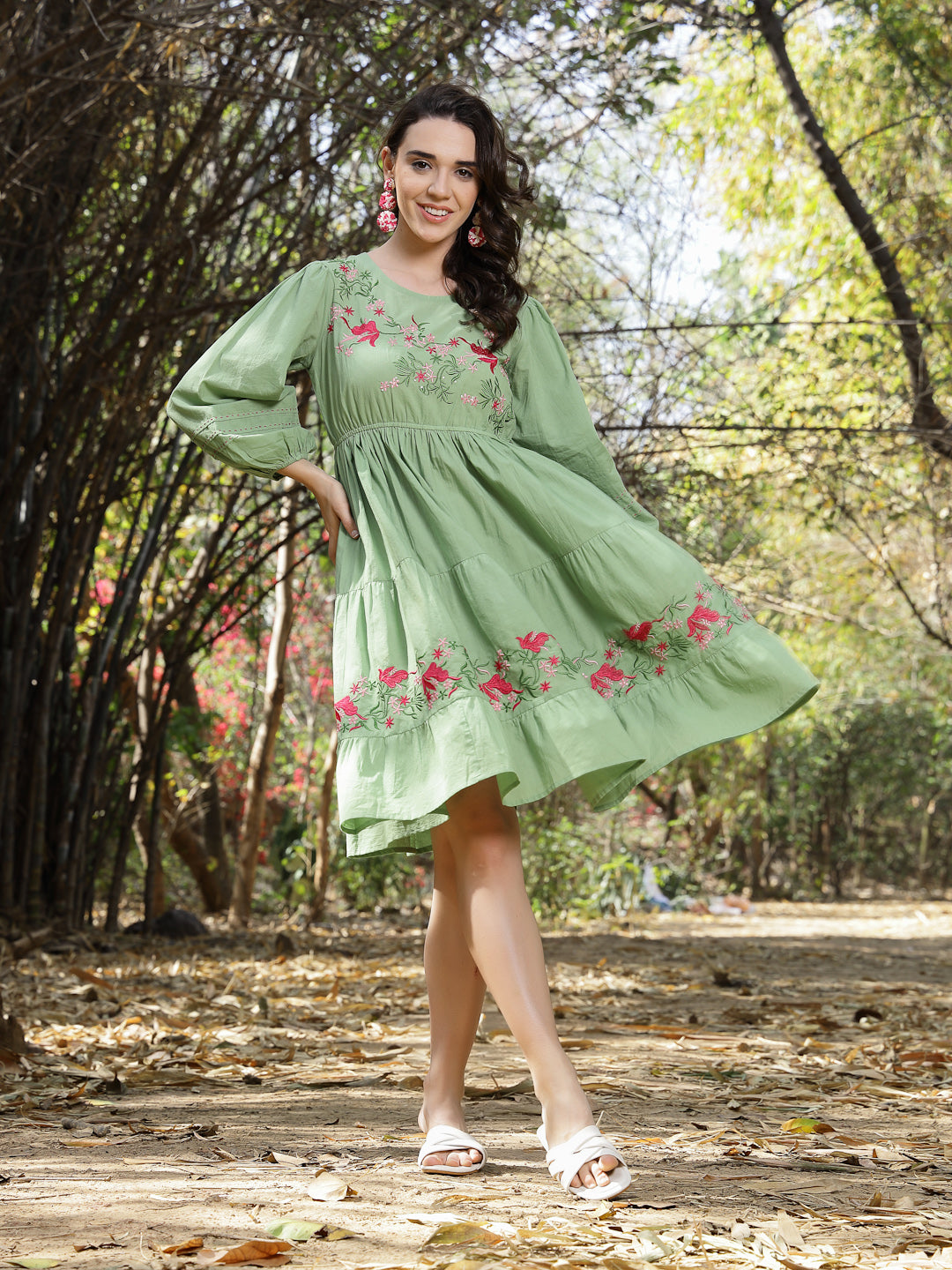 Pestal Green Solid & Embroidered Cotton Tiered Dress (Pre-Order)