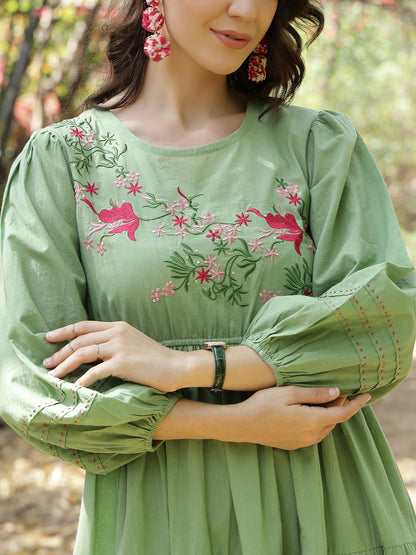 Pestal Green Solid & Embroidered Cotton Tiered Dress