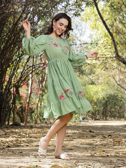 Pestal Green Solid & Embroidered Cotton Tiered Dress