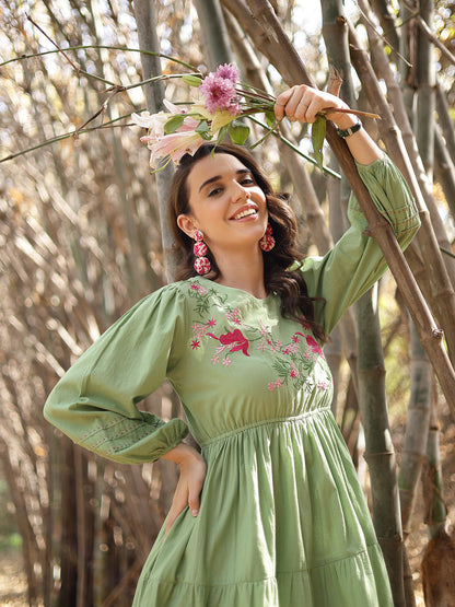 Pestal Green Solid & Embroidered Cotton Tiered Dress