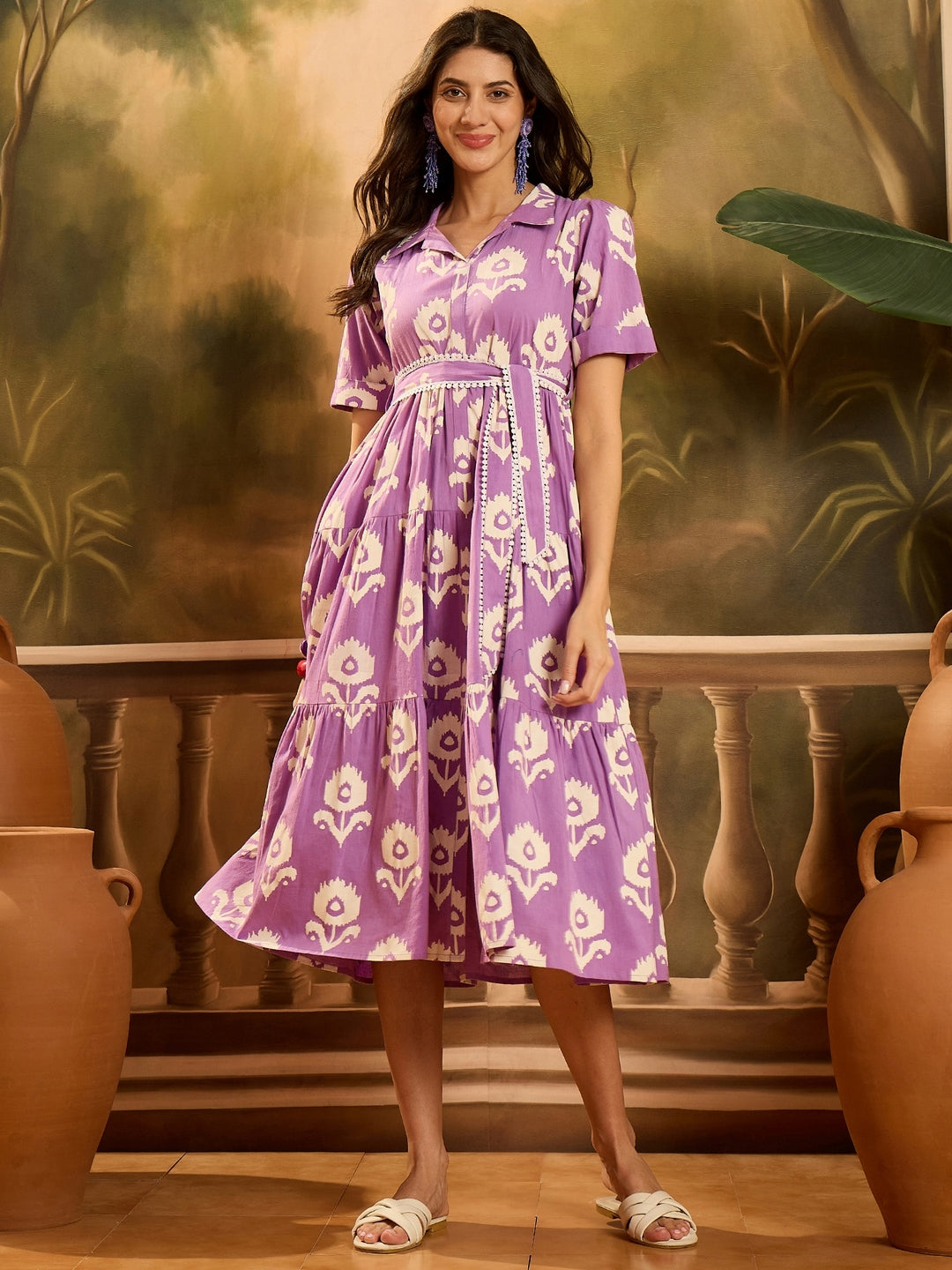 Purple Floral Printed Cotton Flared Dress