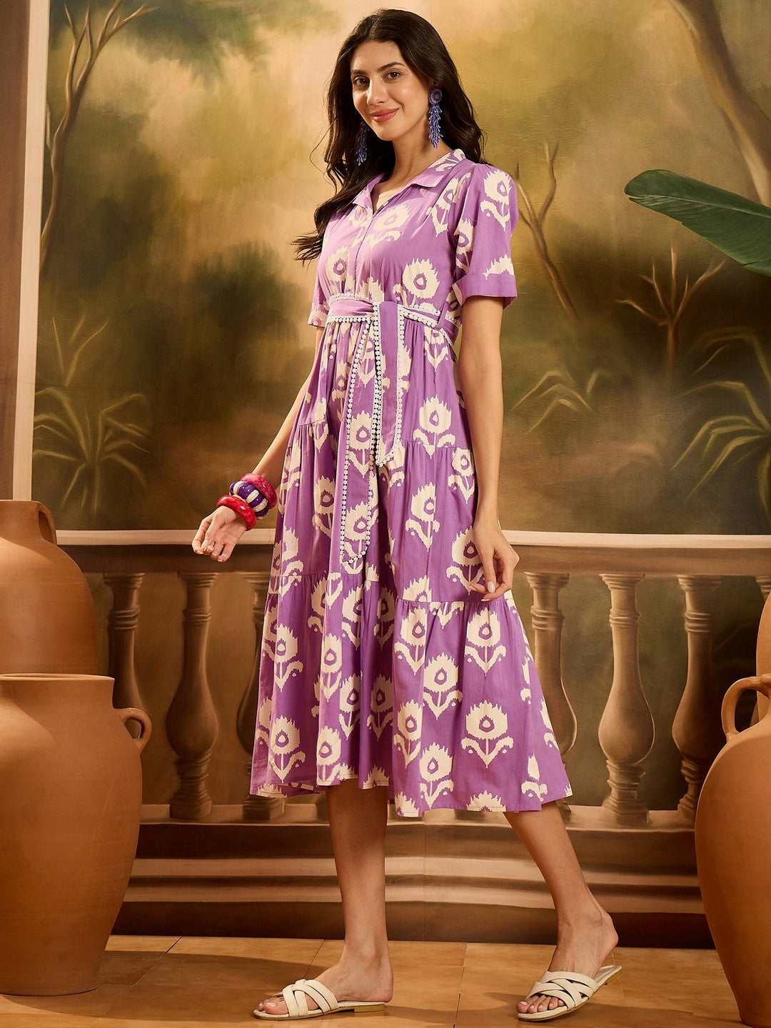 Purple Floral Printed Cotton Flared Dress