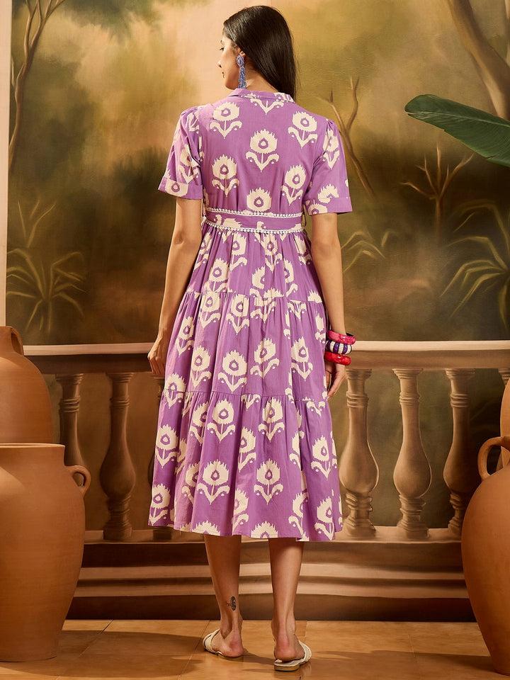 Purple Floral Printed Cotton Flared Dress