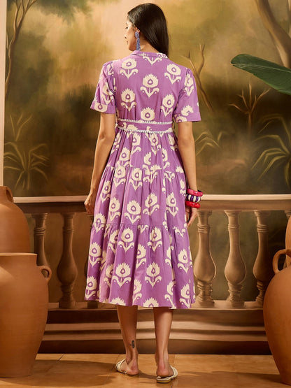 Purple Floral Printed Cotton Flared Dress (Pre-Order)