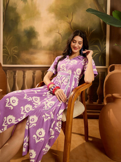 Purple Floral Printed Cotton Flared Dress
