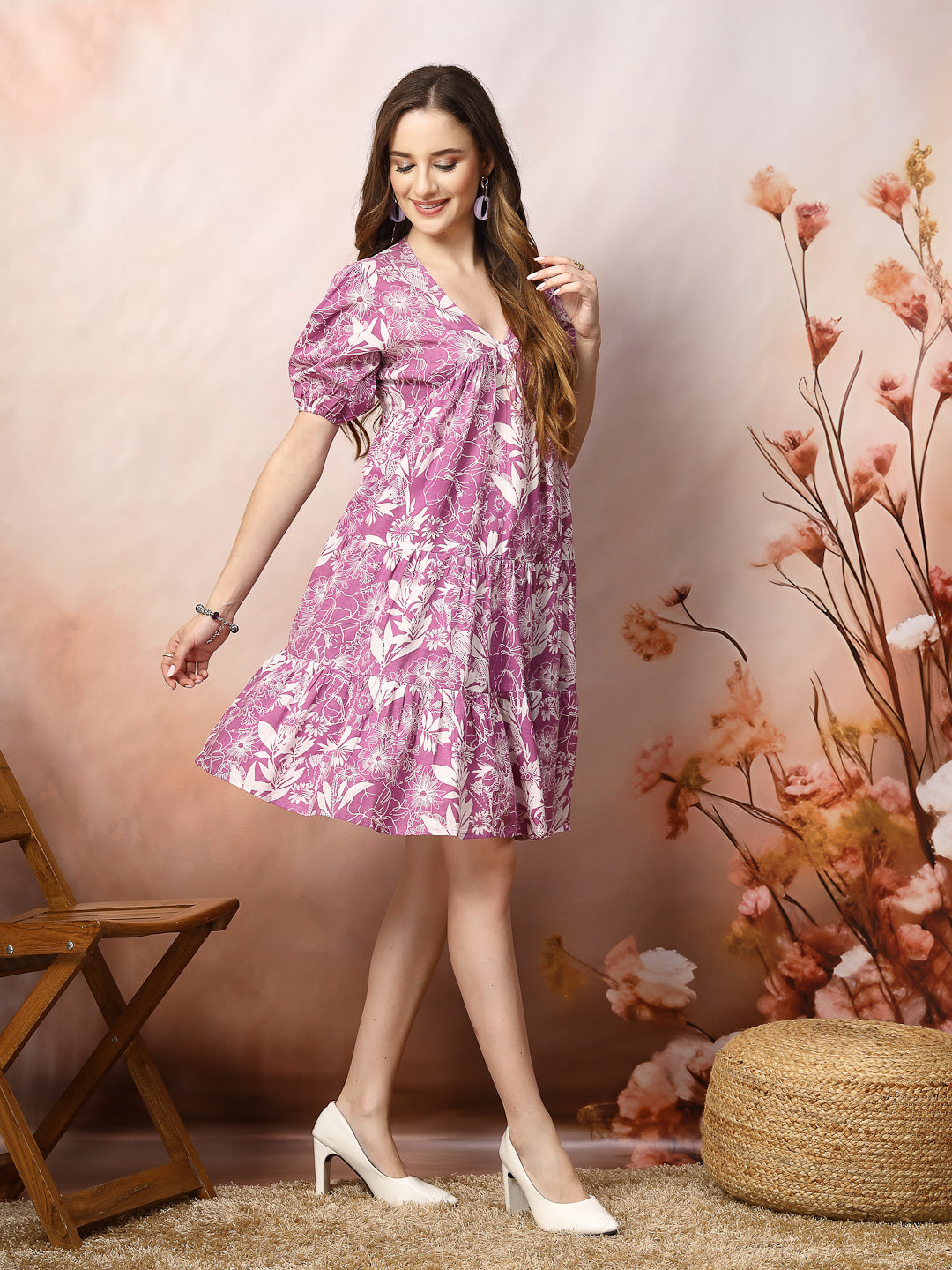 Tropical Printed Cotton Flared Dress