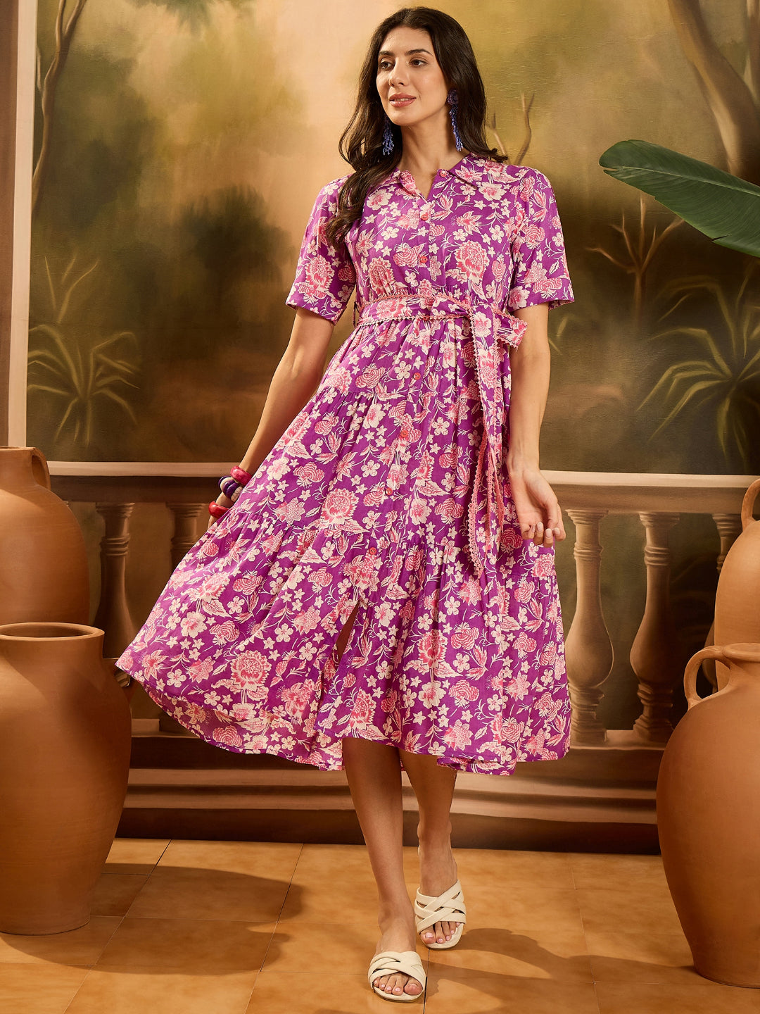 Floral Printed Cotton Tiered Dress