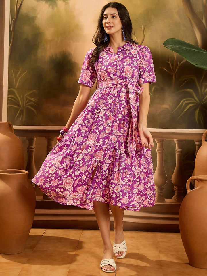 Floral Printed Cotton Tiered Dress