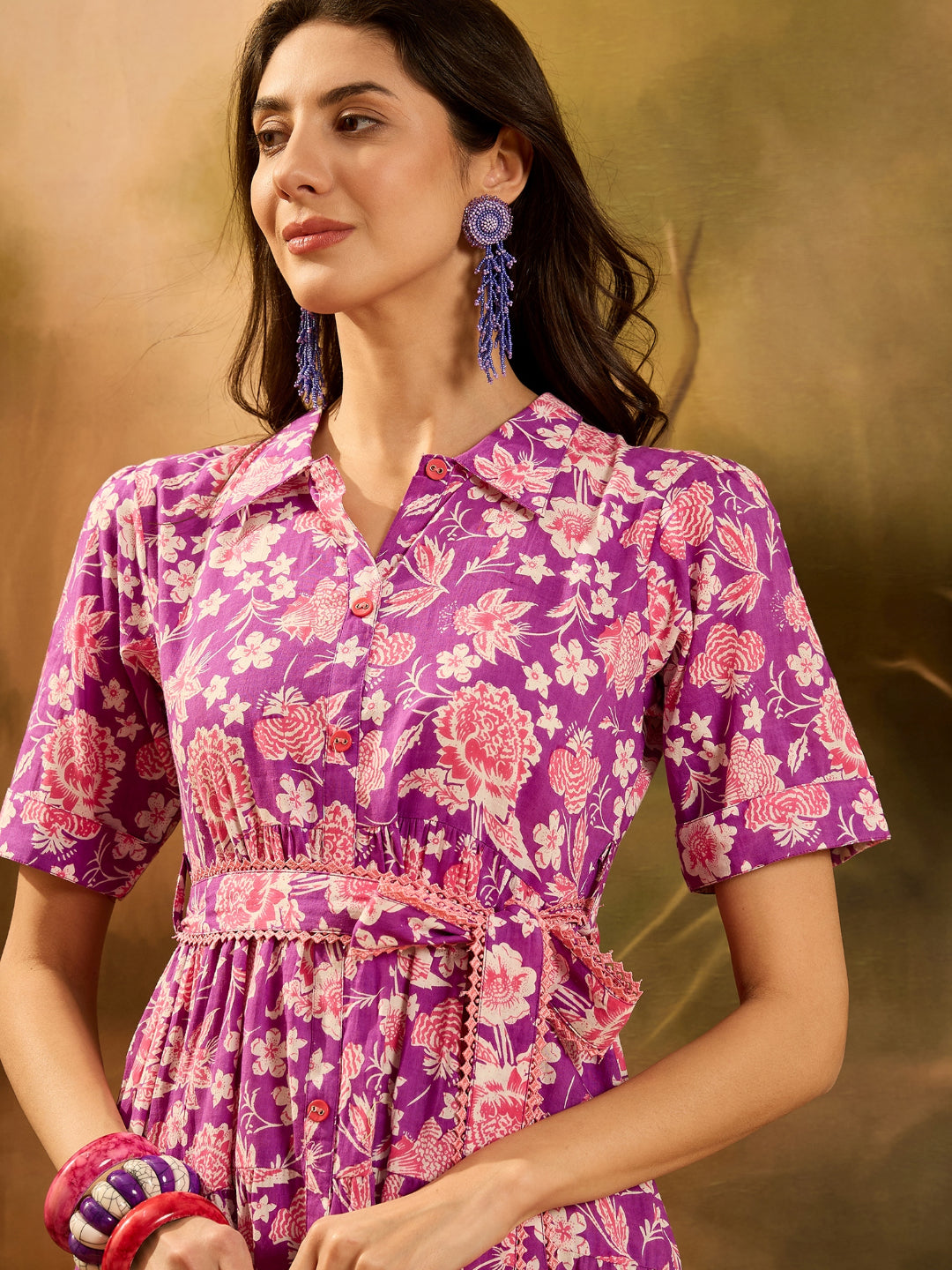 Floral Printed Cotton Tiered Dress