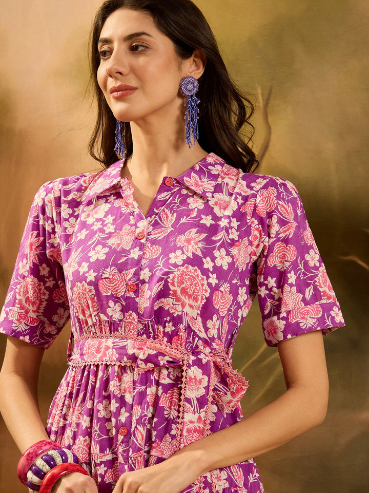 Floral Printed Cotton Tiered Dress