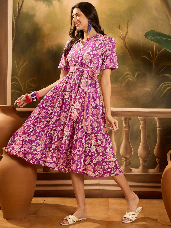 Floral Printed Cotton Tiered Dress