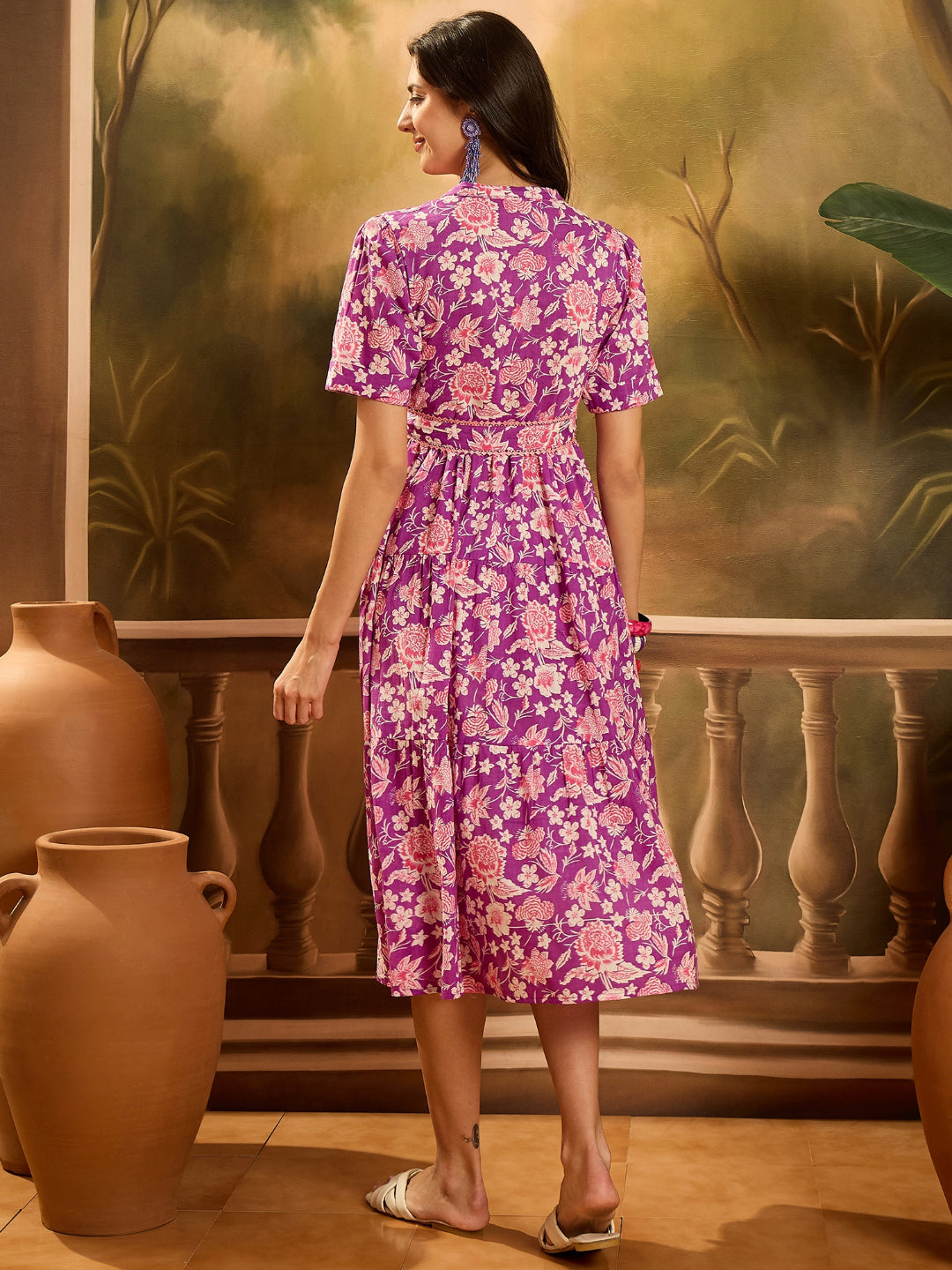 Floral Printed Cotton Tiered Dress