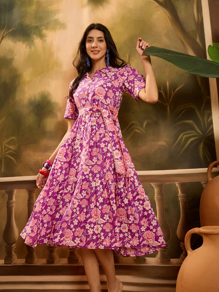 Floral Printed Cotton Tiered Dress