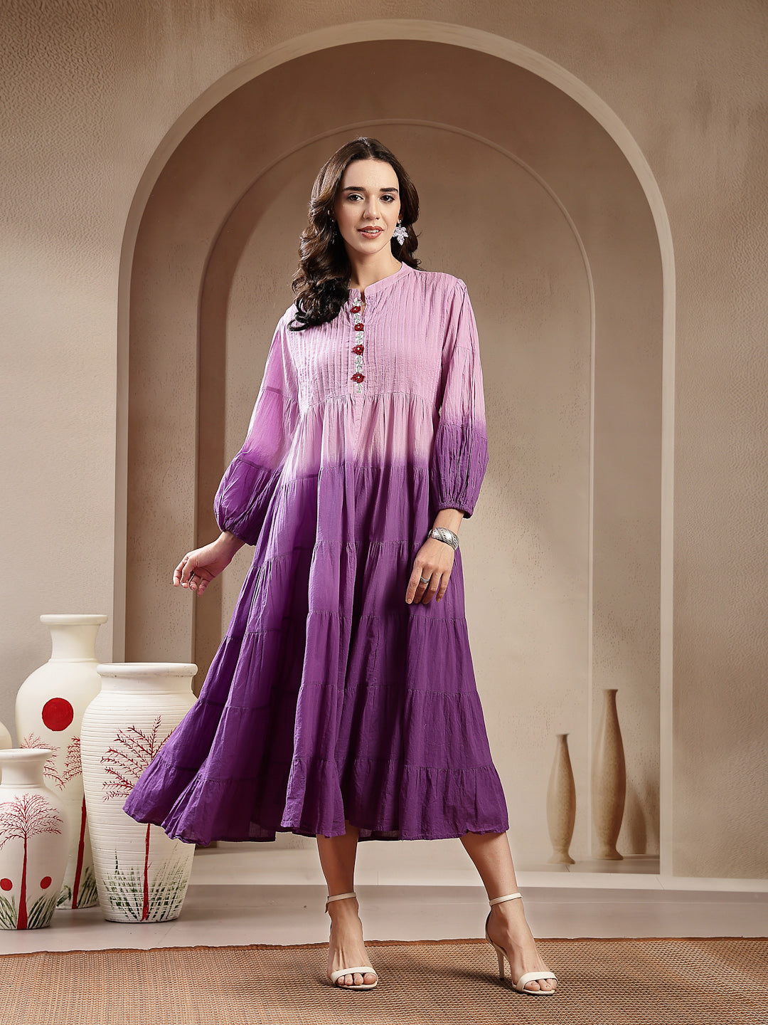 Purple Double Shade Cotton Tiered Dress