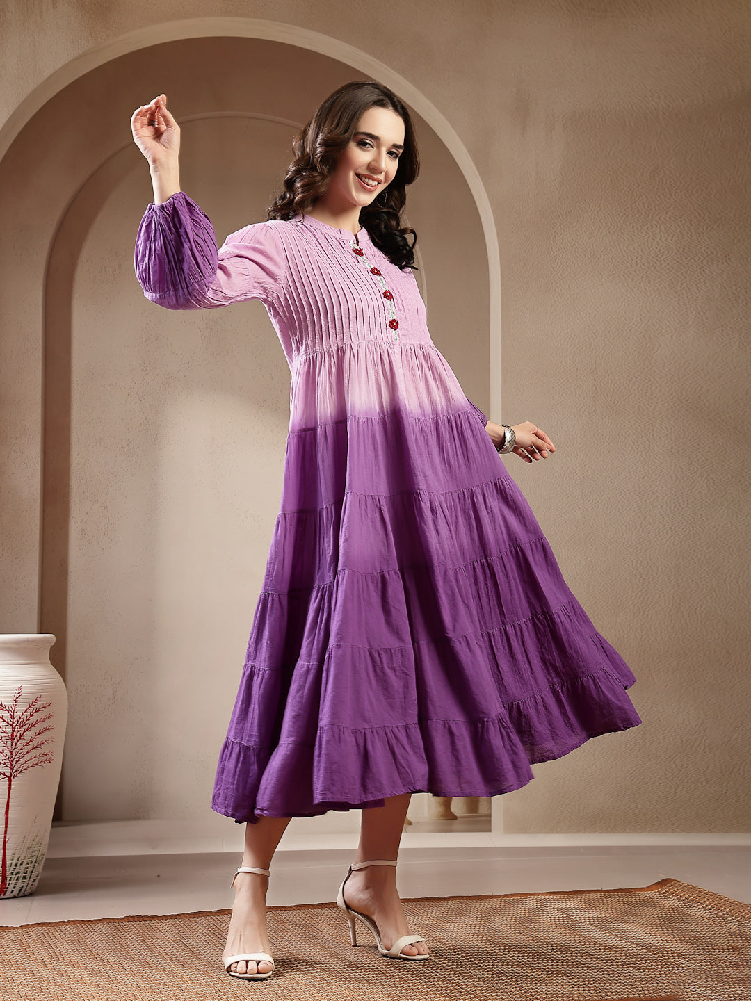 Purple Double Shade Cotton Tiered Dress