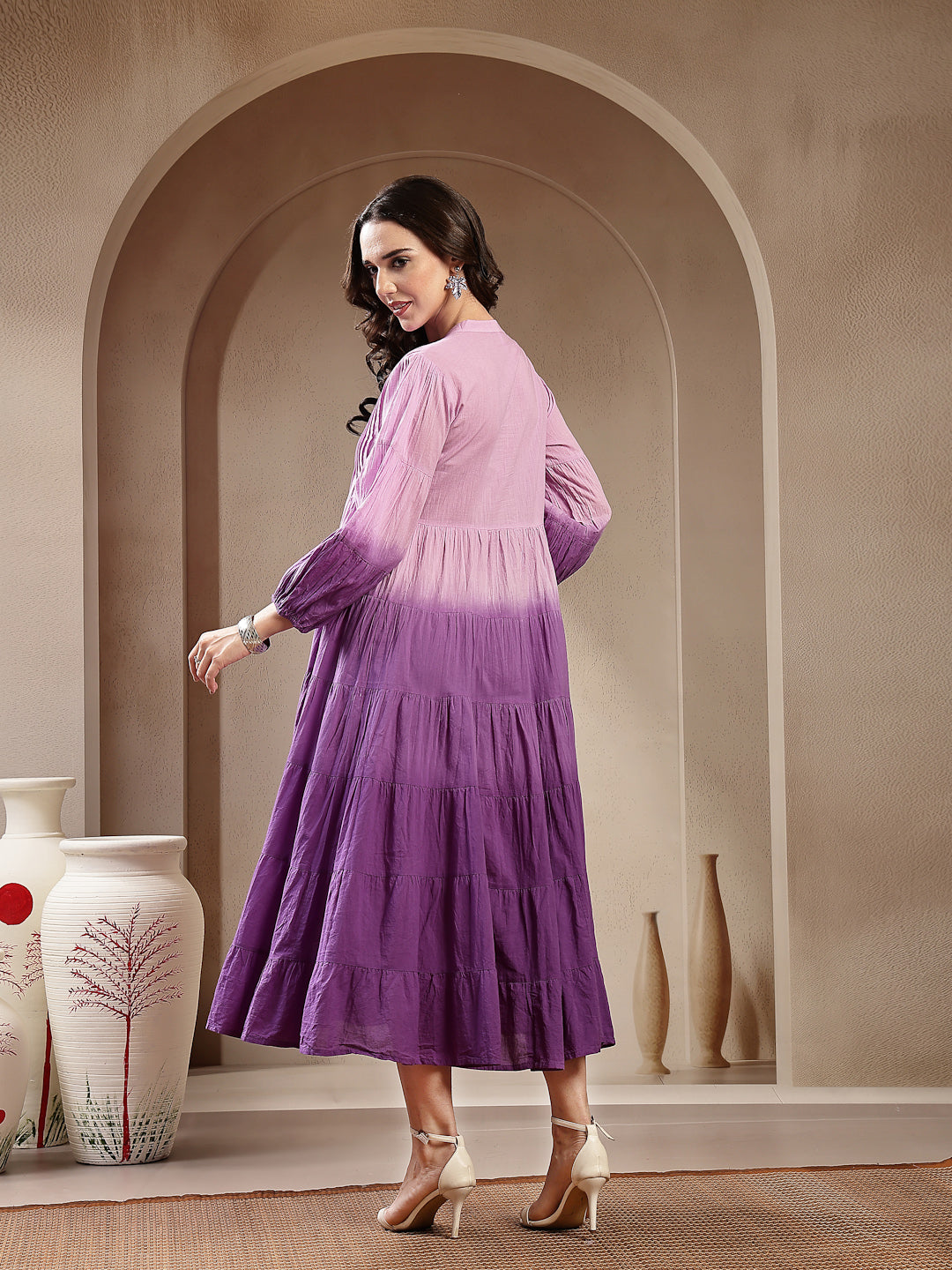 Purple Double Shade Cotton Tiered Dress