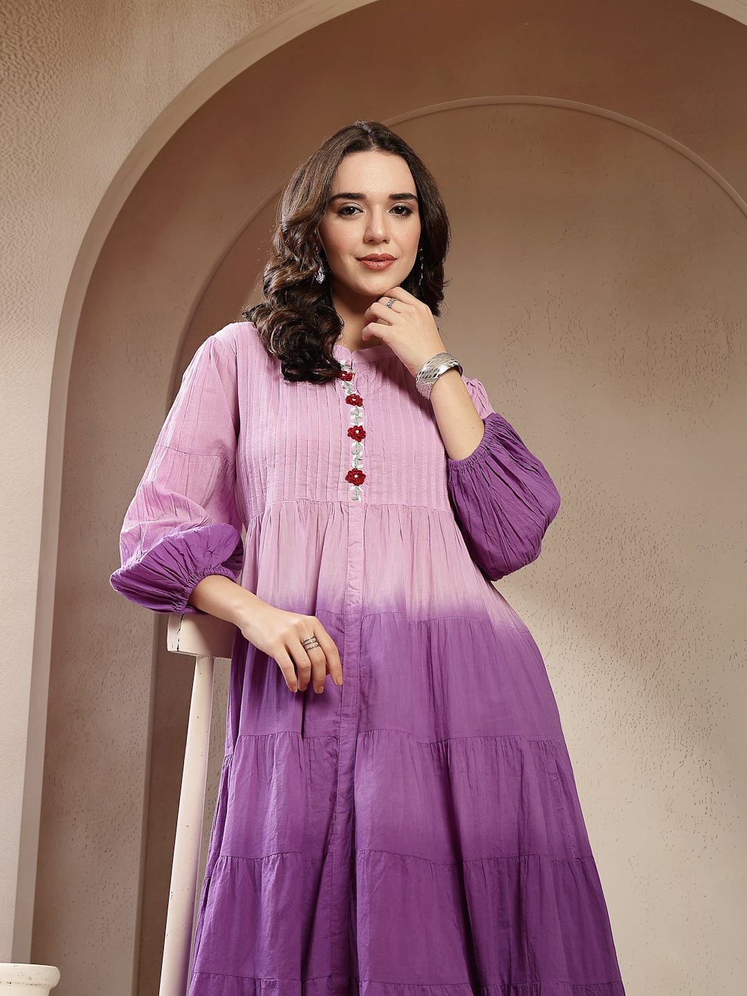 Purple Double Shade Cotton Tiered Dress