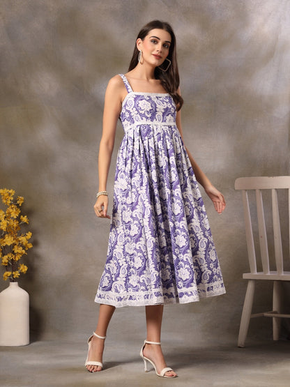 Purple Khadi Floral Printed Rayon Empire Dress