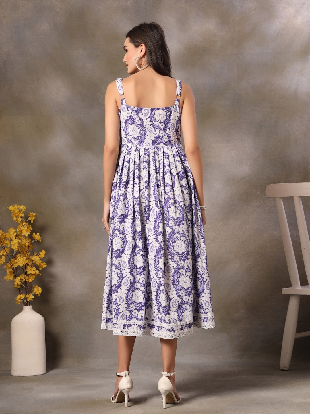 Purple Khadi Floral Printed Rayon Empire Dress (Pre-Order)