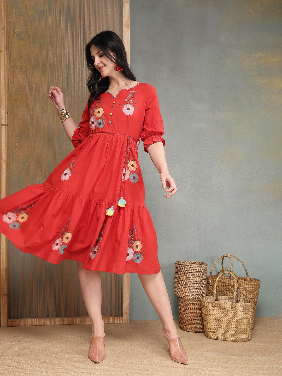 Solid & Embroidered Cotton Tiered Dress