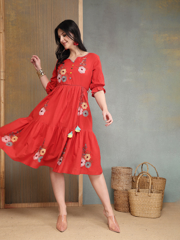 Solid &amp; Embroidered Cotton Tiered Dress