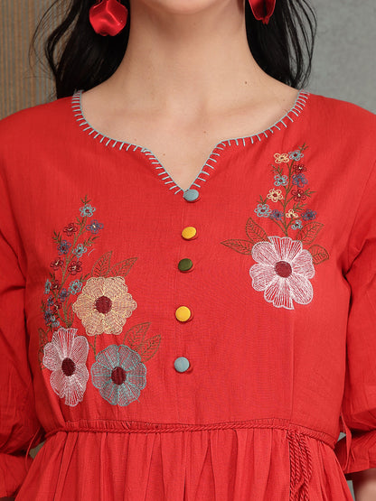 Solid & Embroidered Cotton Tiered Dress