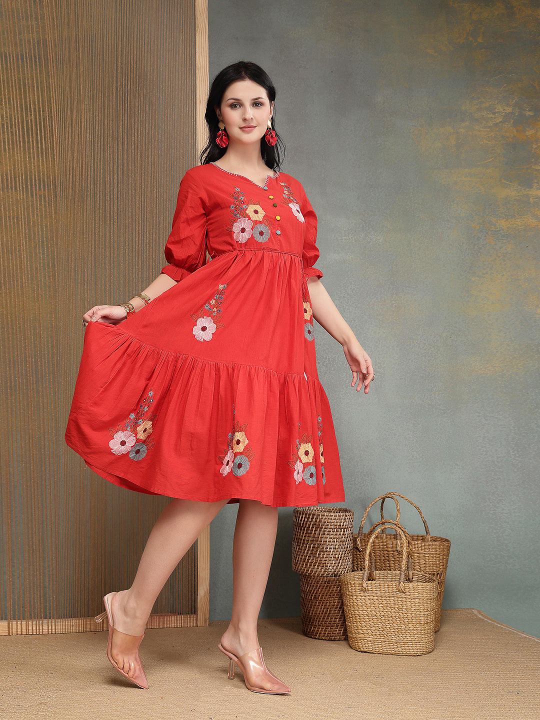 Solid & Embroidered Cotton Tiered Dress