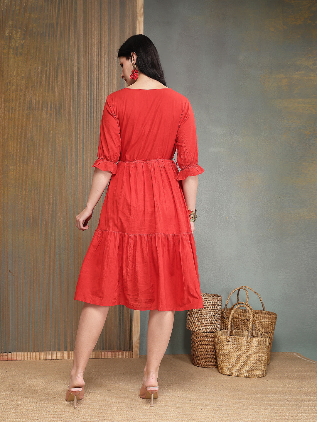 Solid & Embroidered Cotton Tiered Dress