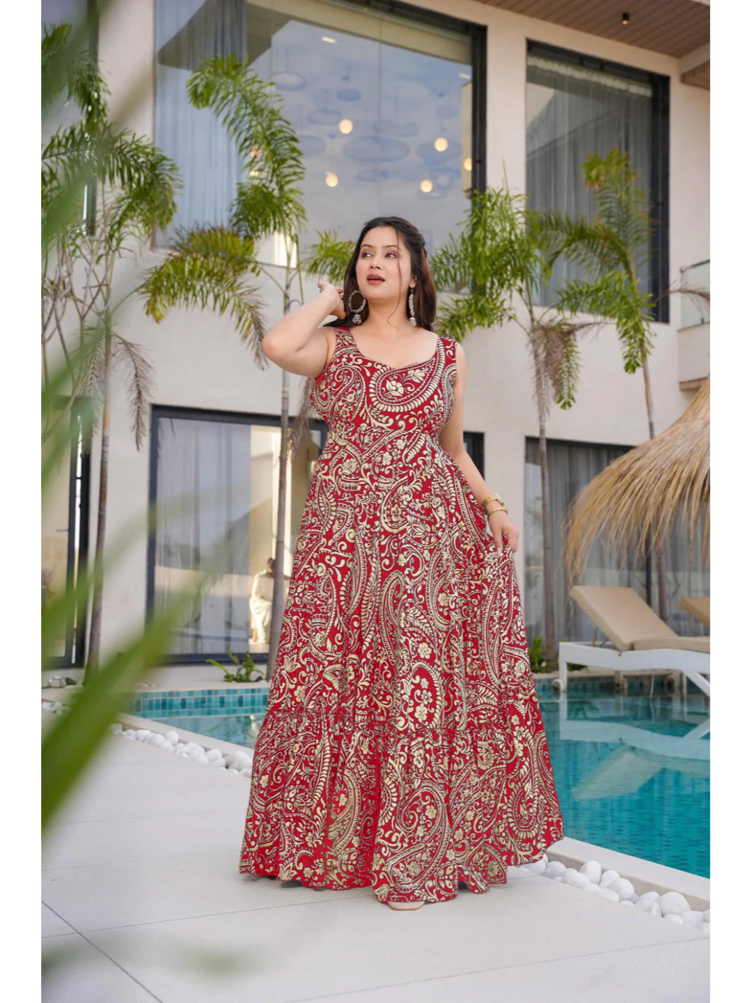 Red Paisley Printed Rayon Tiered Dress