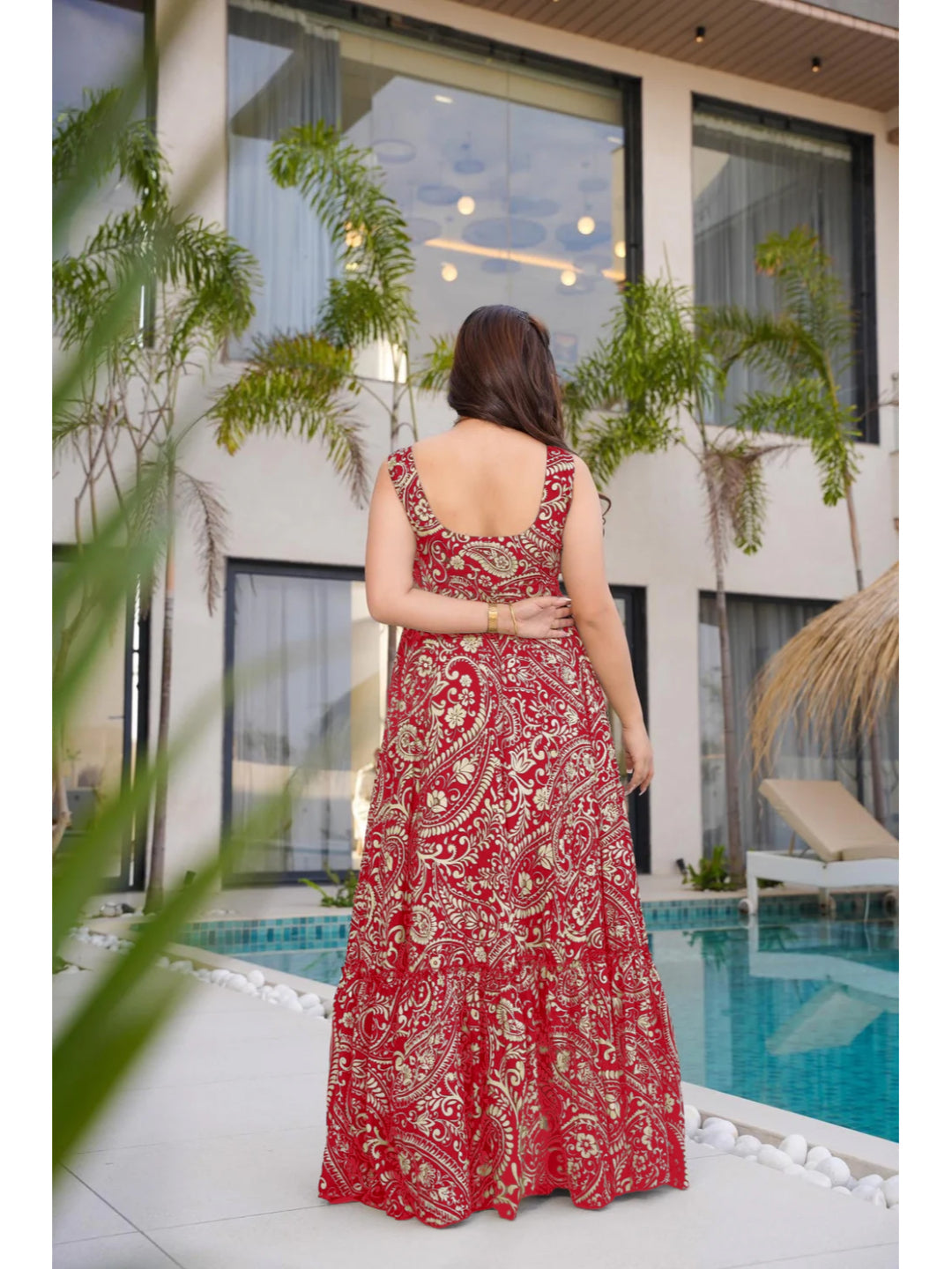 Red Paisley Printed Rayon Tiered Dress