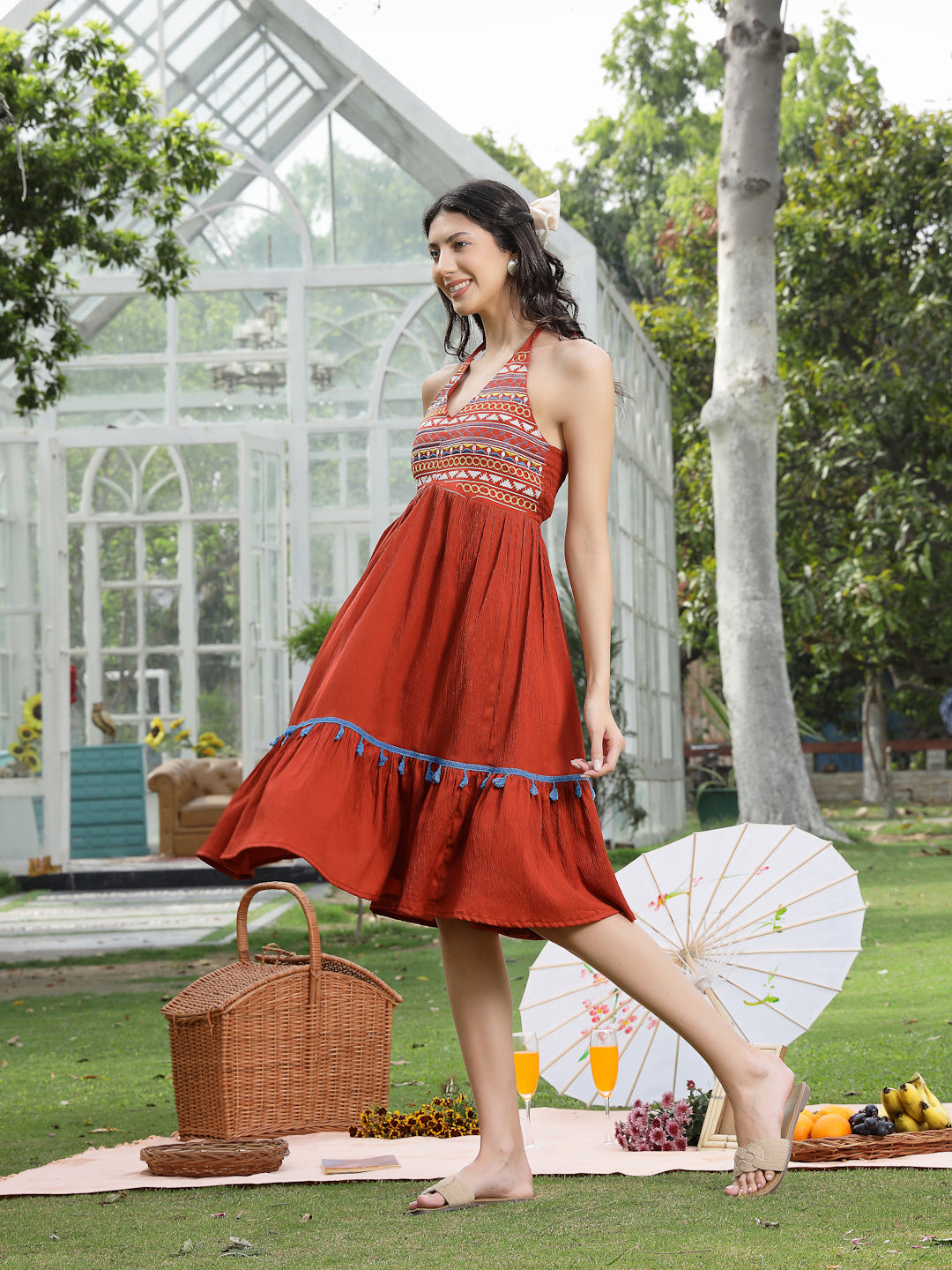 Rust Solid & Embroidered Rayon Flared Dress (Pre-Order)