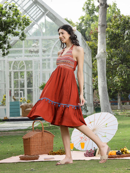 Rust Solid & Embroidered Rayon Flared Dress (Pre-Order)