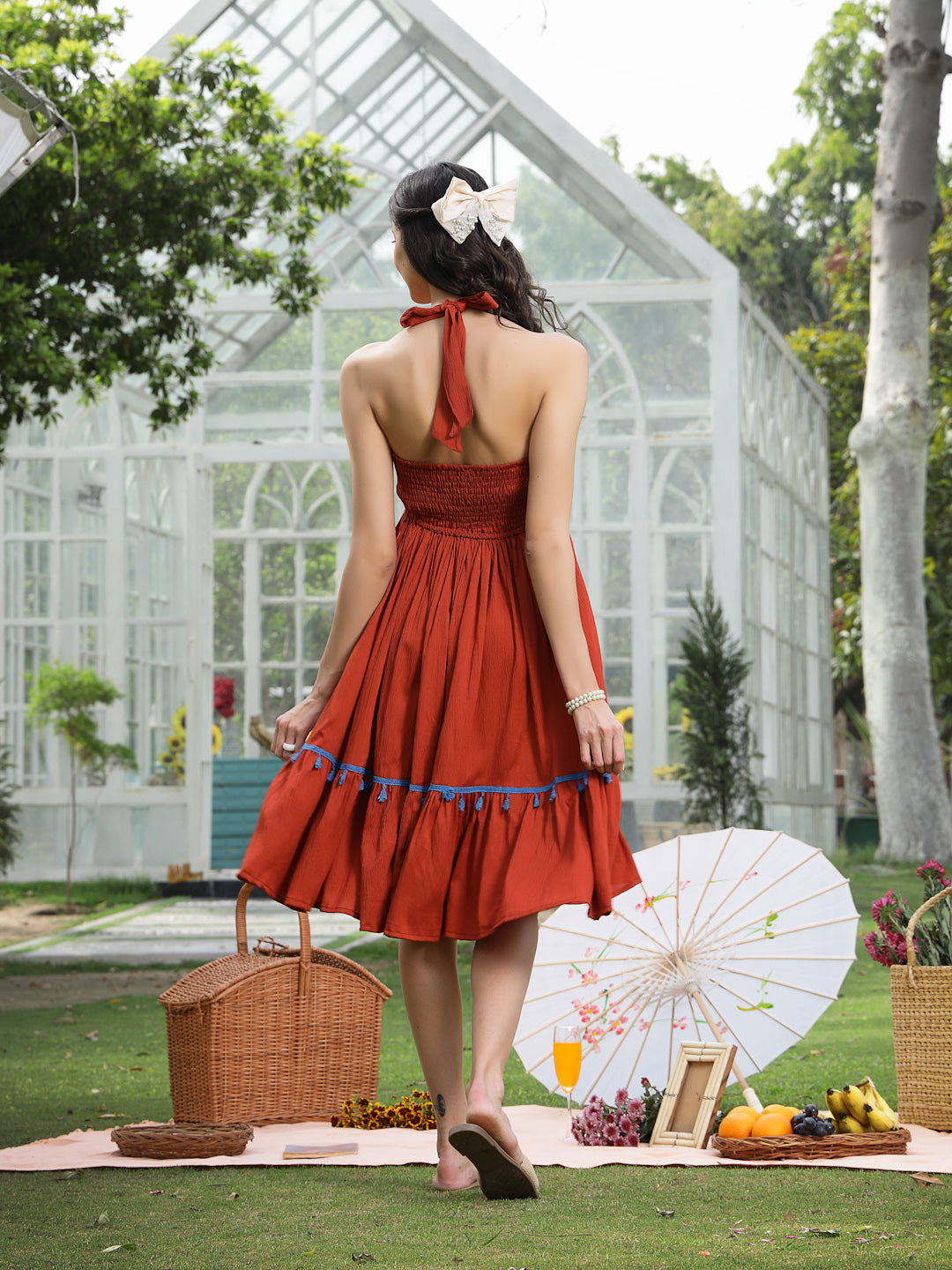 Rust Solid & Embroidered Rayon Flared Dress (Pre-Order)