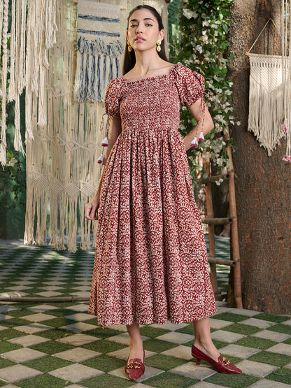 Rust Floral Printed Cotton Flared Dress (Pre-Order)