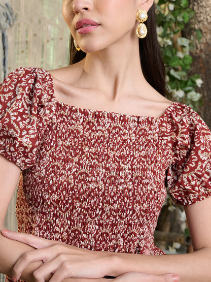 Rust Floral Printed Cotton Flared Dress