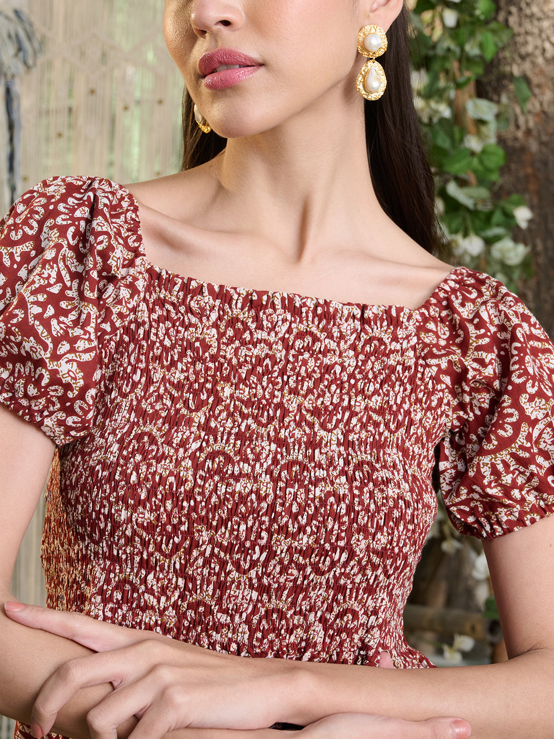 Rust Floral Printed Cotton Flared Dress (Pre-Order)