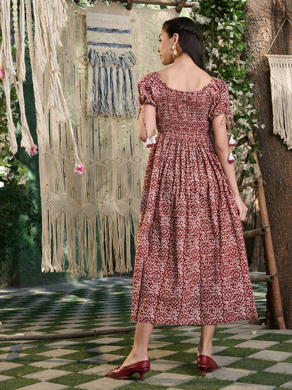 Rust Floral Printed Cotton Flared Dress (Pre-Order)
